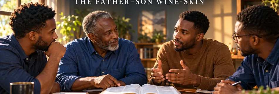 A spiritual father and adult sons sharing Scripture and discussing ministry responsibility together.