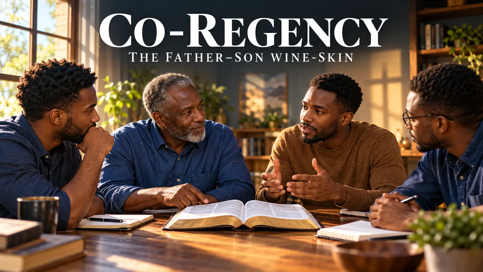 A spiritual father and adult sons sharing Scripture and discussing ministry responsibility together.