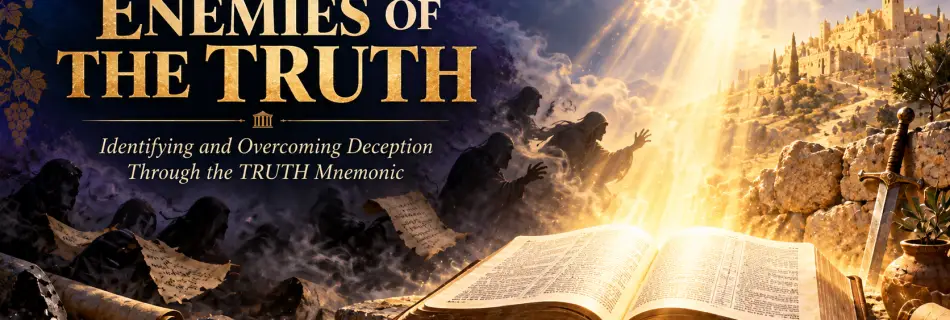 An open Bible illuminated by light while shadows of deception recede around it.