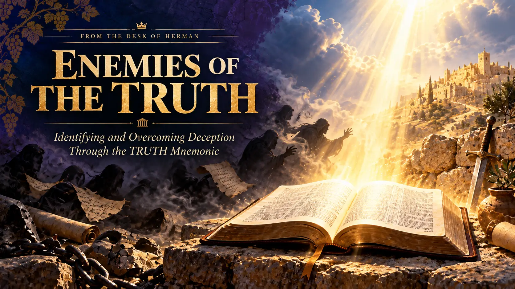 An open Bible illuminated by light while shadows of deception recede around it.