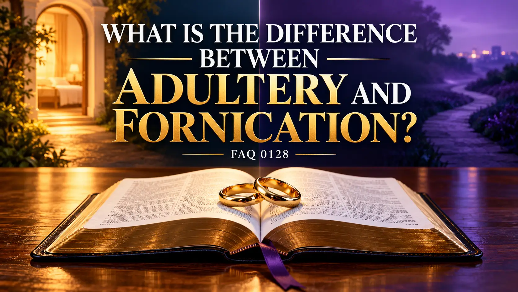 Open Bible and gold wedding rings illustrating the biblical difference between adultery and fornication