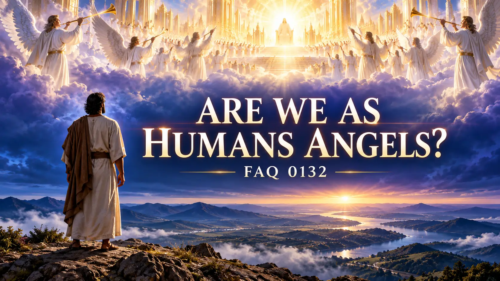 Human figure on earth beneath a heavenly assembly of angels illustrating the biblical distinction between humans and angels