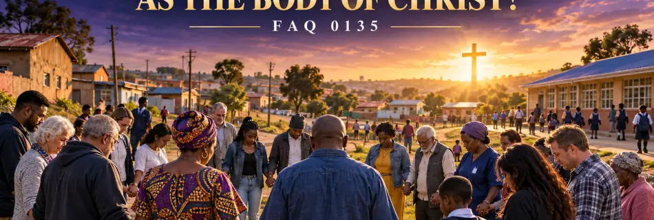 Diverse believers joining hands in prayer and service around a local community under the light of Christ