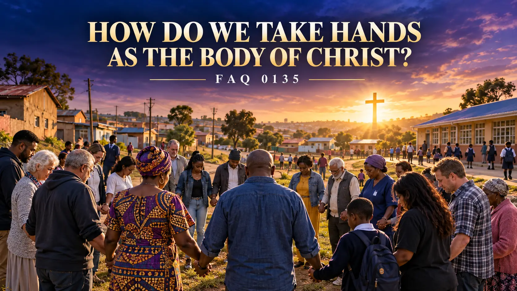 Diverse believers joining hands in prayer and service around a local community under the light of Christ