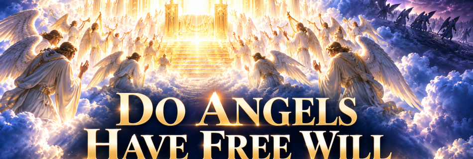 Faithful angels serving before God's throne while rebellious angels turn away under God's sovereign authority