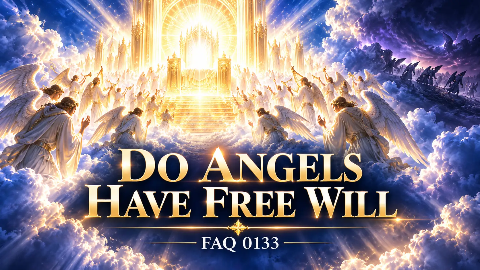Faithful angels serving before God's throne while rebellious angels turn away under God's sovereign authority