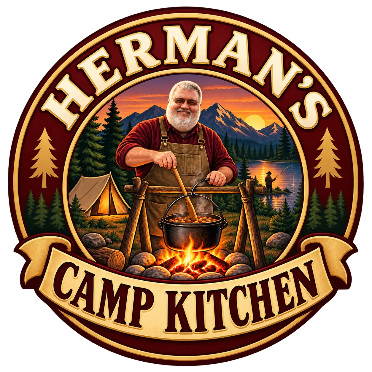 Herman’s Camp Kitchen logo showing Herman cooking over a campfire with a fisherman beside the lake