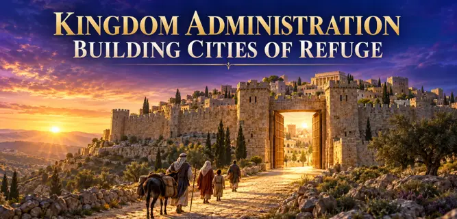 Ancient fortified city with an open gate illustrating kingdom administration and cities of refuge