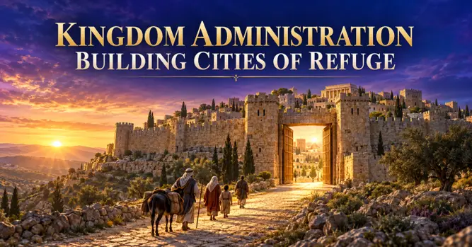 Ancient fortified city with an open gate illustrating kingdom administration and cities of refuge