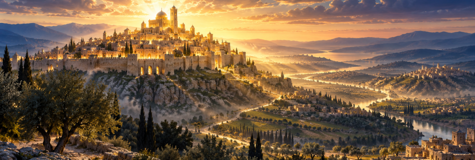A radiant biblical city on a hill at dawn, symbolising the Church reflecting Christ’s light to the nations.