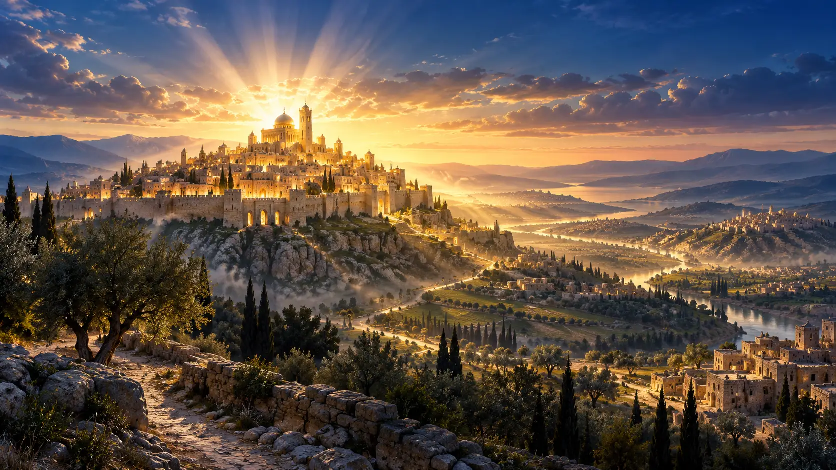 A radiant biblical city on a hill at dawn, symbolising the Church reflecting Christ’s light to the nations.