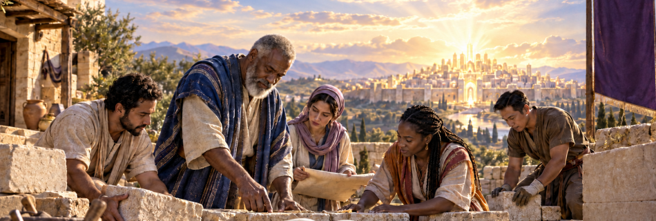 Kingdom administration across generations, shown by a spiritual father and diverse sons and daughters building together beside an open Bible.