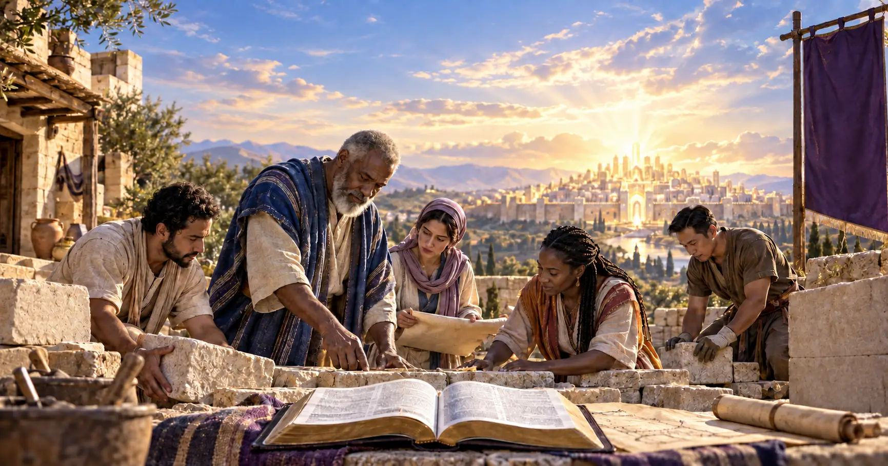 Kingdom administration across generations, shown by a spiritual father and diverse sons and daughters building together beside an open Bible.