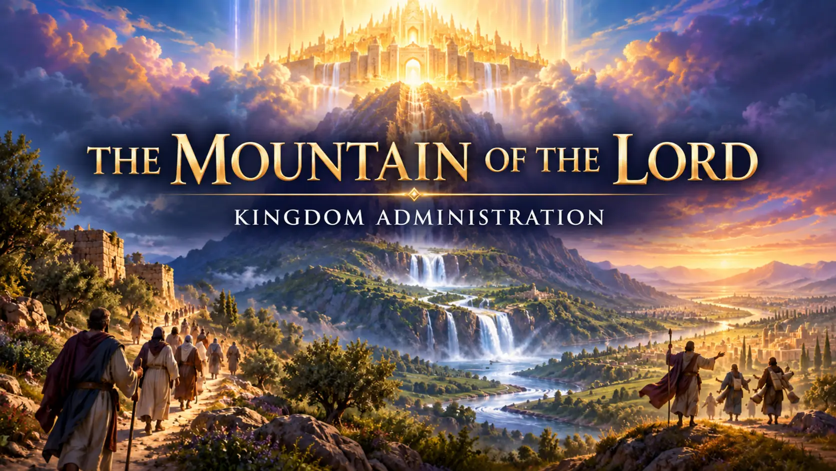 The Mountain of the Lord with the holy city descending above a mountain and living water flowing into the valley