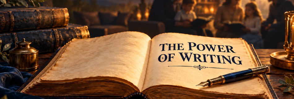 The Power of Writing title on an open book, with a fountain pen and readers from several generations.