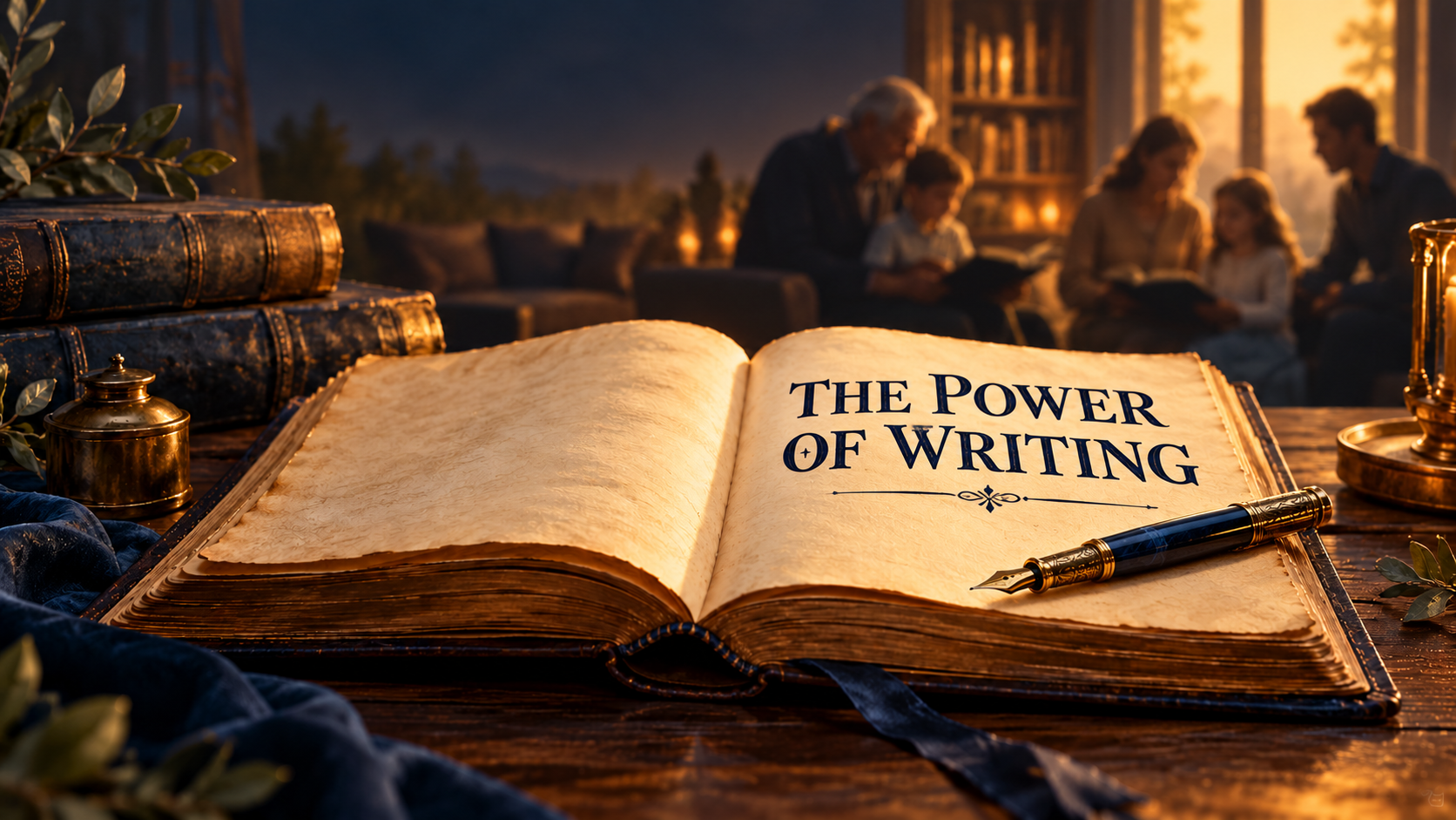 The Power of Writing title on an open book, with a fountain pen and readers from several generations.