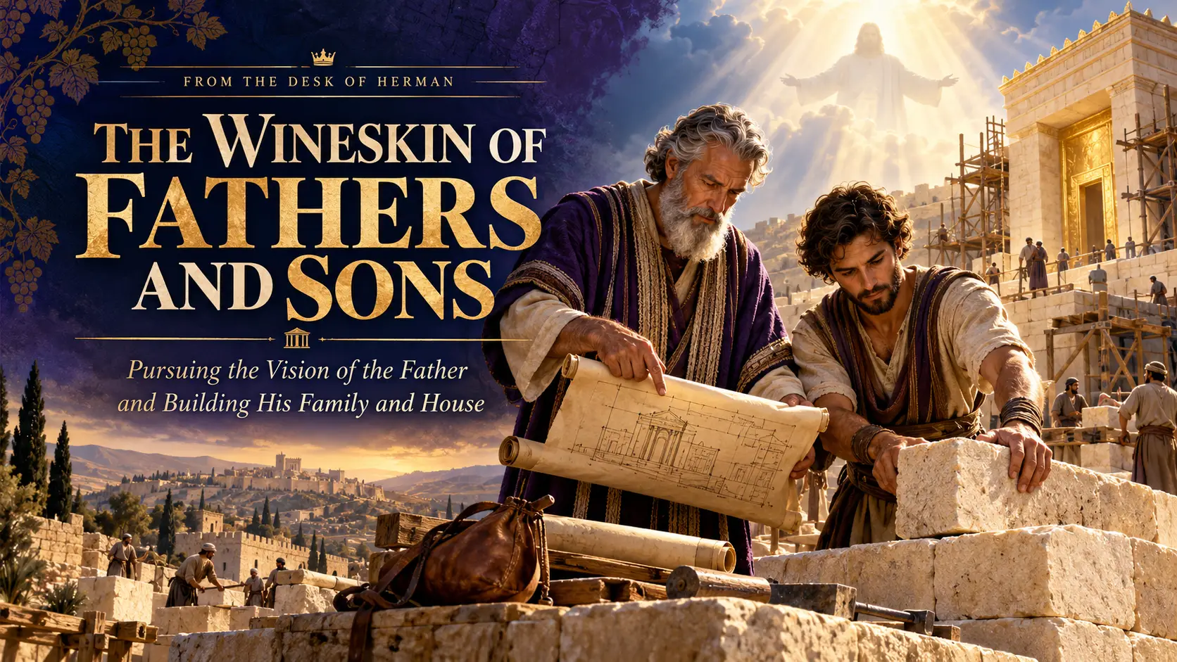 A mature spiritual father and son building a house together under the lordship of Christ.