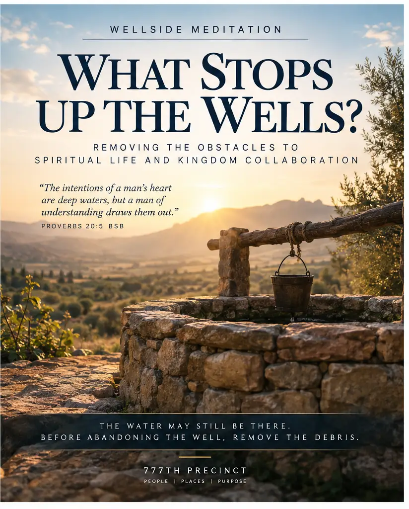 An ancient biblical well being cleared of stones and debris as fresh water begins to flow again, symbolising restored spiritual life and Kingdom collaboration.