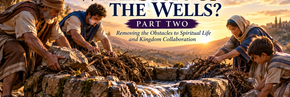 People from different generations clearing debris from an ancient well as clean water begins to flow again, representing removal of spiritual and relational blockages.