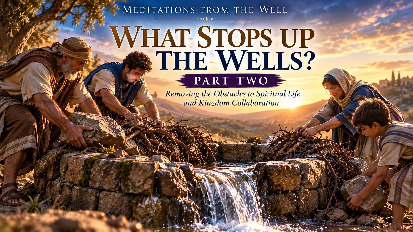People from different generations clearing debris from an ancient well as clean water begins to flow again, representing removal of spiritual and relational blockages.