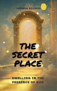 Book cover, Godly Gate with golden stairs, clouds, The secret place
