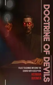 Preacher with demonic glowing eyes preaching at a pulpit. Generated by AI.