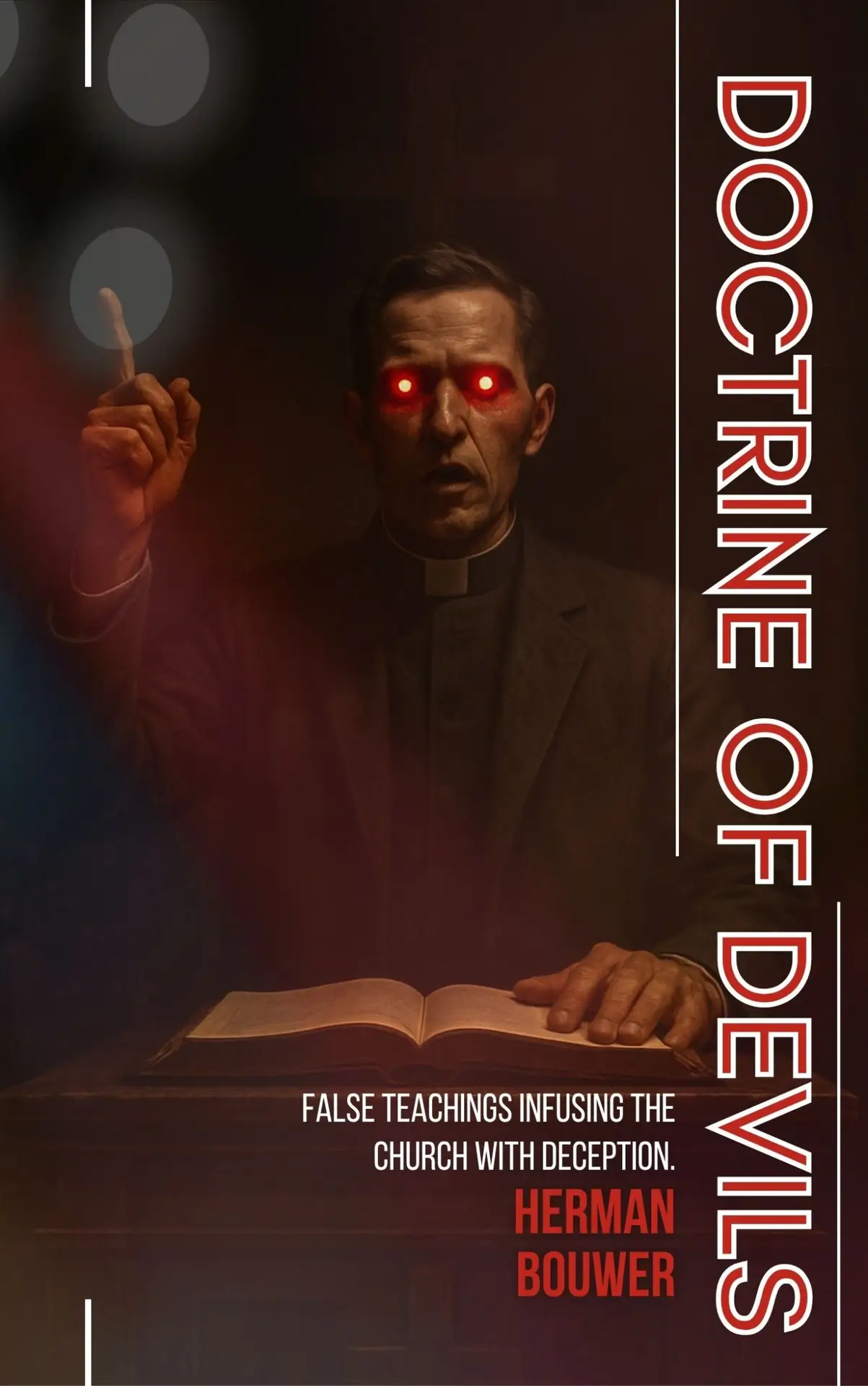 Preacher with demonic glowing eyes preaching at a pulpit. Generated by AI.