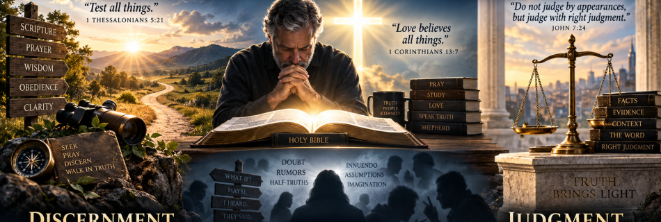 Biblical discernment, suspicion and righteous judgment illustrated with an open Bible, prayer, uncertainty and scales of justice.