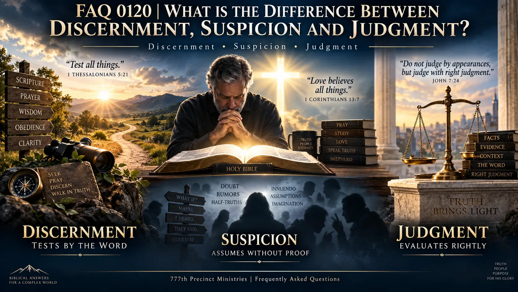 Biblical discernment, suspicion and righteous judgment illustrated with an open Bible, prayer, uncertainty and scales of justice.