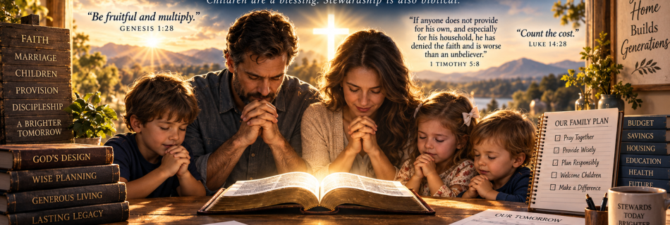 Christian family praying around an open Bible while planning responsibly for children, provision and stewardship.