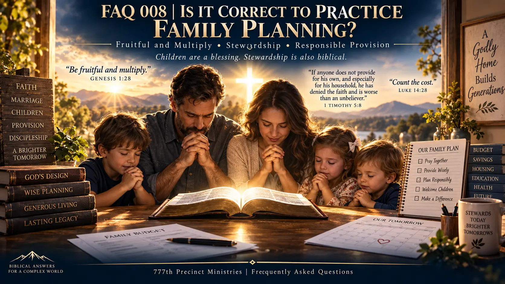 Christian family praying around an open Bible while planning responsibly for children, provision and stewardship.