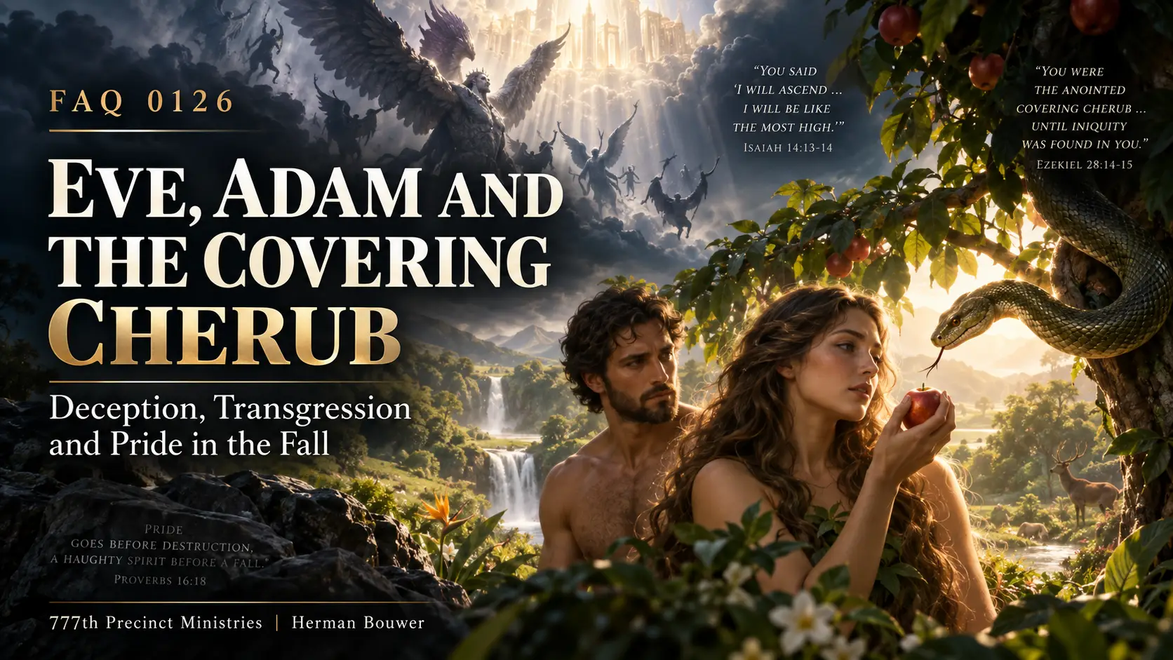 Eve, Adam and the covering cherub passages explored through Genesis 3, Isaiah 14 and Ezekiel 28.